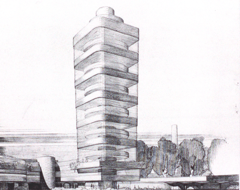 536817cec07a80b5c5000008_ad-classics-sc-johnson-wax-research-tower-frank-lloyd-wright_flw_preliminaryperspective